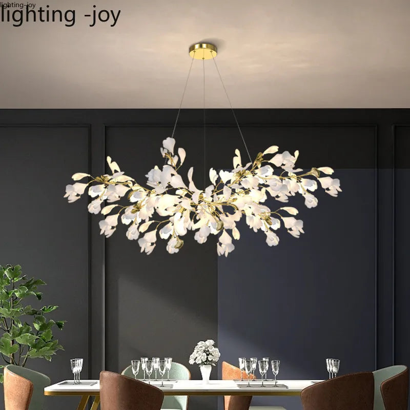 lustre led de luxe moderne en céramique motif ginkgo art villa