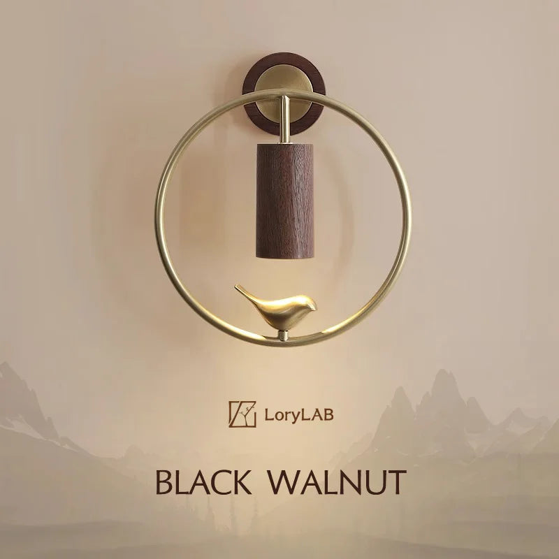 Walnut Wood Circle Brass bird, Wabi-sabi Modern style, Wall Sconce light for Bedroom, Bedside, Living, Recreation, Study