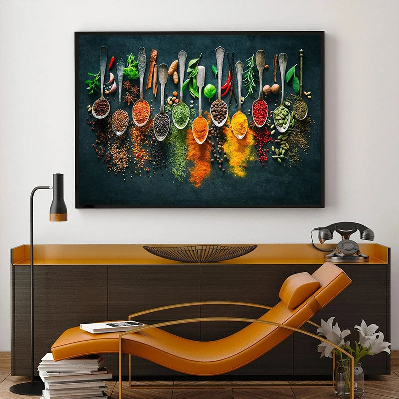 art mural moderne herbes de cuisine et ustensiles de sushi