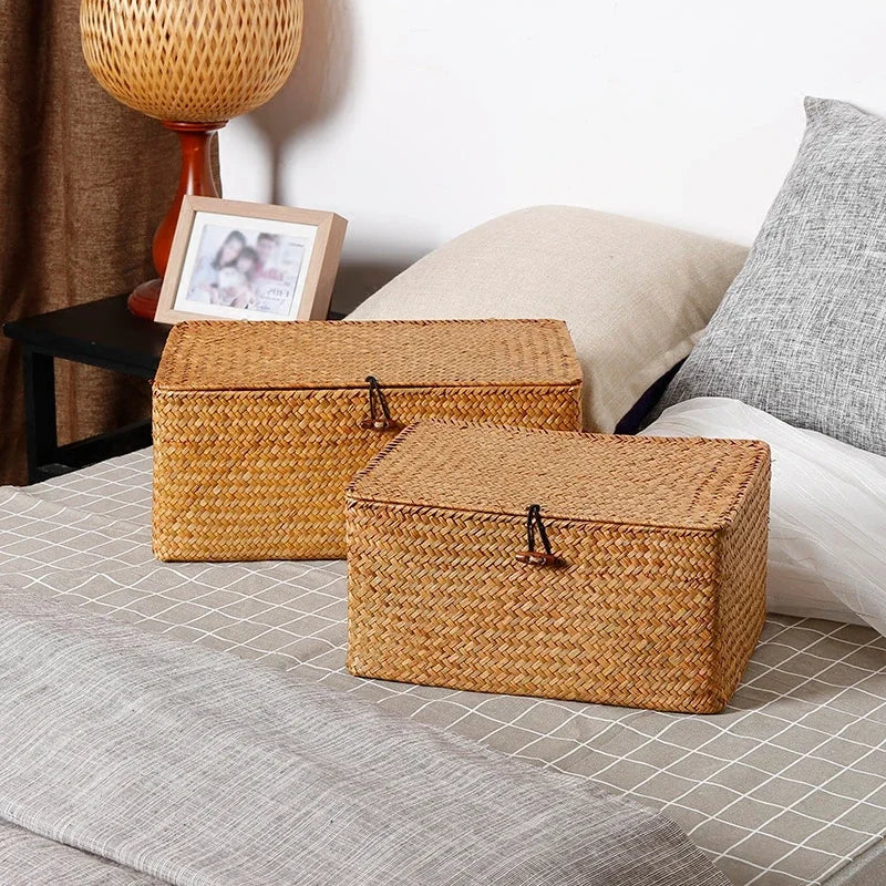 panier de rangement tissé avec couvercle pour bijoux et objets divers