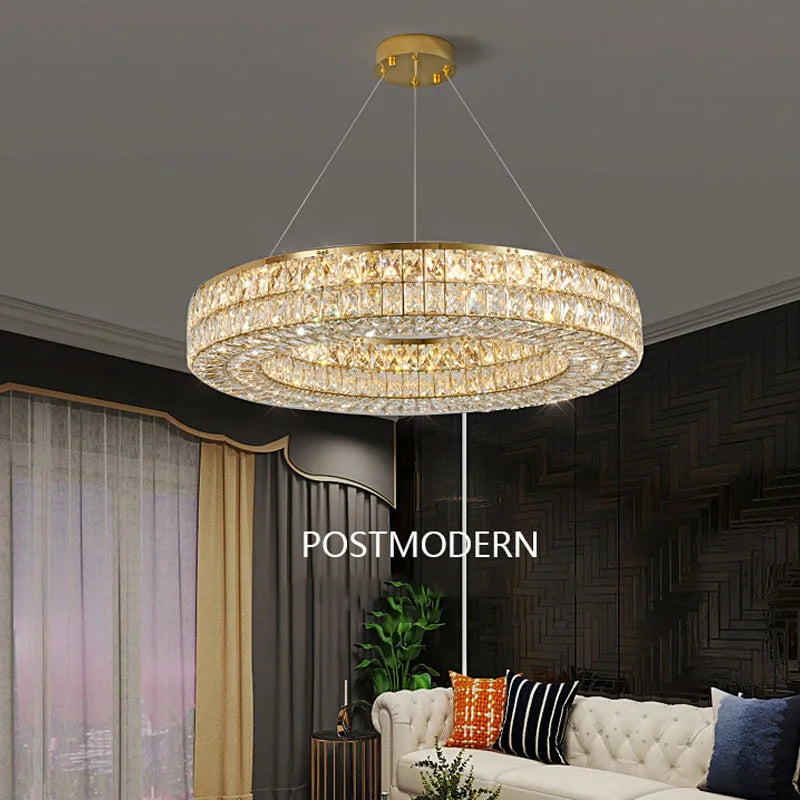 Lumière moderne luxe doré rond plafond lustre en cristal salon intérieur créatif anneau lumière LED lumineuse lustre