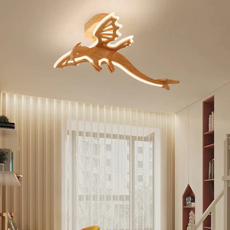 plafonnier led dragon en bois nature nordique pour enfants