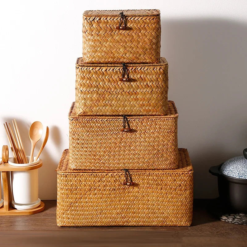 panier de rangement tissé avec couvercle pour bijoux et objets divers