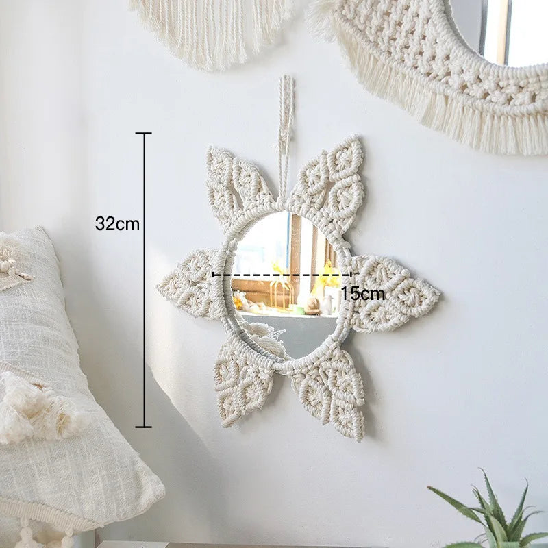 miroir rond en macramé style bohème pour décoration murale