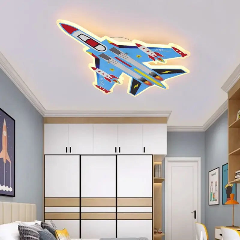 Cartoon Blue Airplane Ceiling Lamps LED Boy Bedroom Ceiling Light Eye Protection Baby  Kids Room Remote Control Plane Lamp 220V