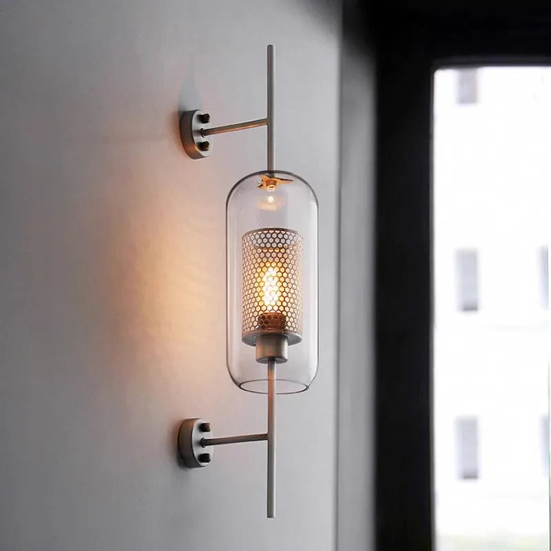 American Industrial Wall Lamps Clear Glass Wall Light Iron Metal Cage Living Room Decorative Wall Light Hallway Entrance Aisle