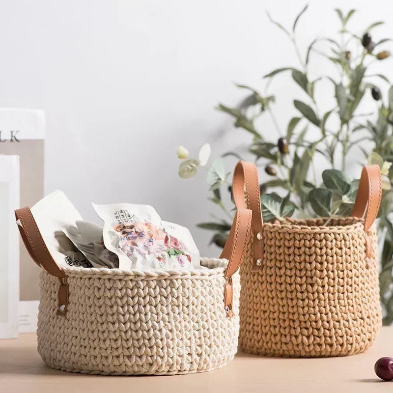 panier de rangement tricoté à la main en coton avec poignée en cuir