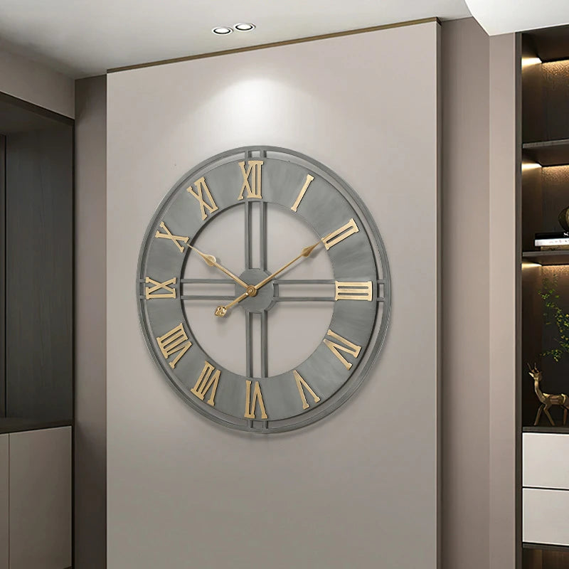 horloge murale moderne 3D rétro avec chiffres romains en métal silencieuse