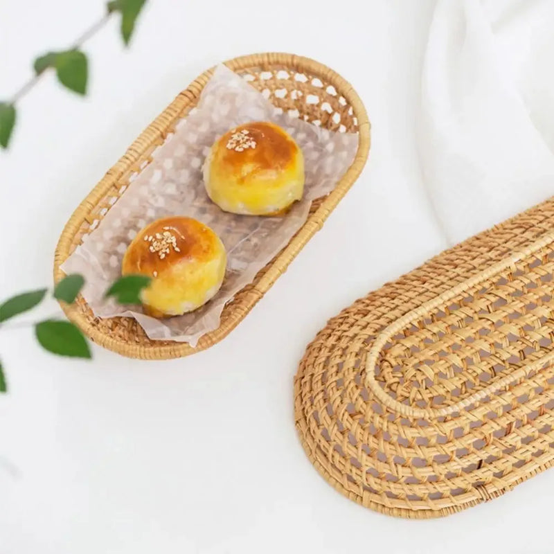 panier de rangement ovale en rotin pour pain et fruits