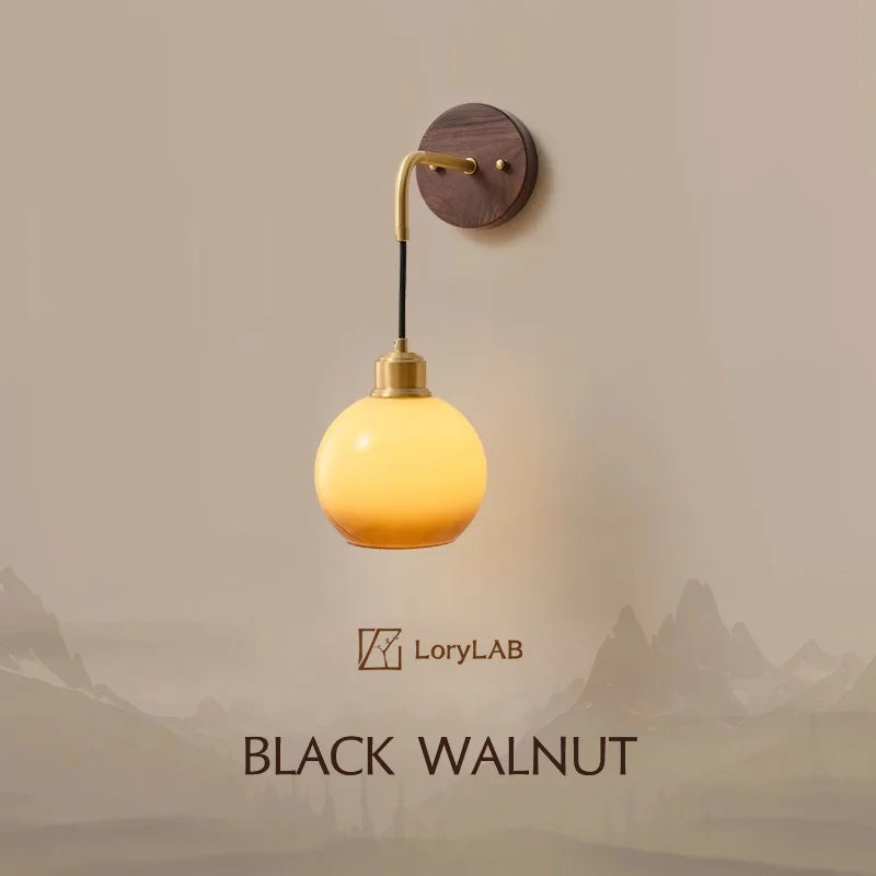 Walnut Wood Brass Gradient Glass Wall Light, Wall Sconce for Bedroom, Bedside, Living, Dining Room, Corridor aisle