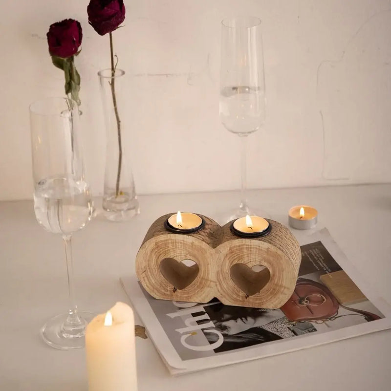 bougeoir romantique en bois en forme de cœur pour la saint-valentin