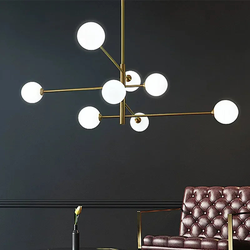 lustre led moderne en cuivre avec boule de verre mat