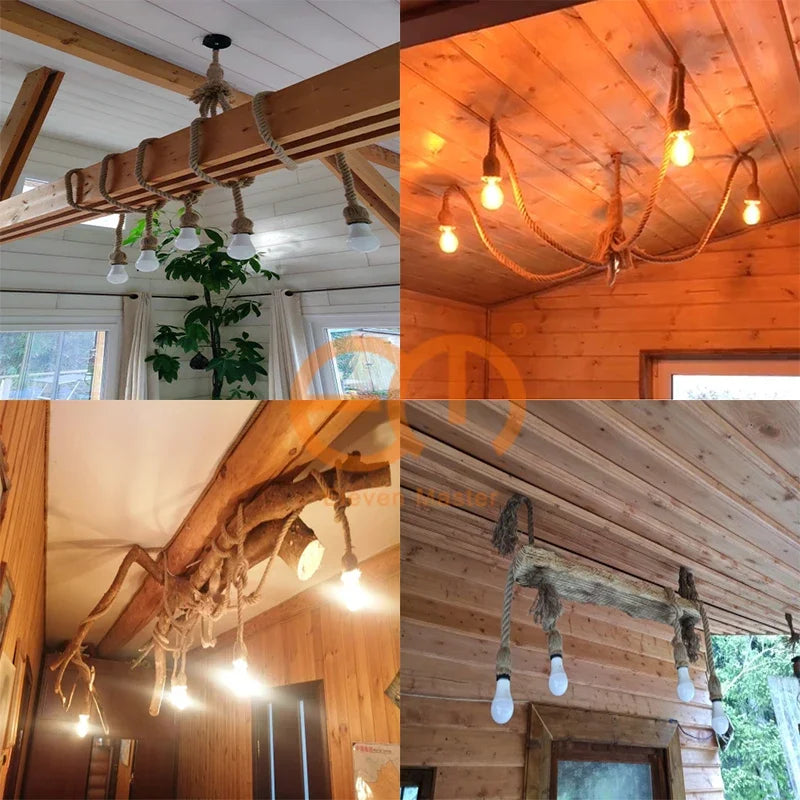 suspension rétro loft industriel en corde de chanvre avec ampoule edison