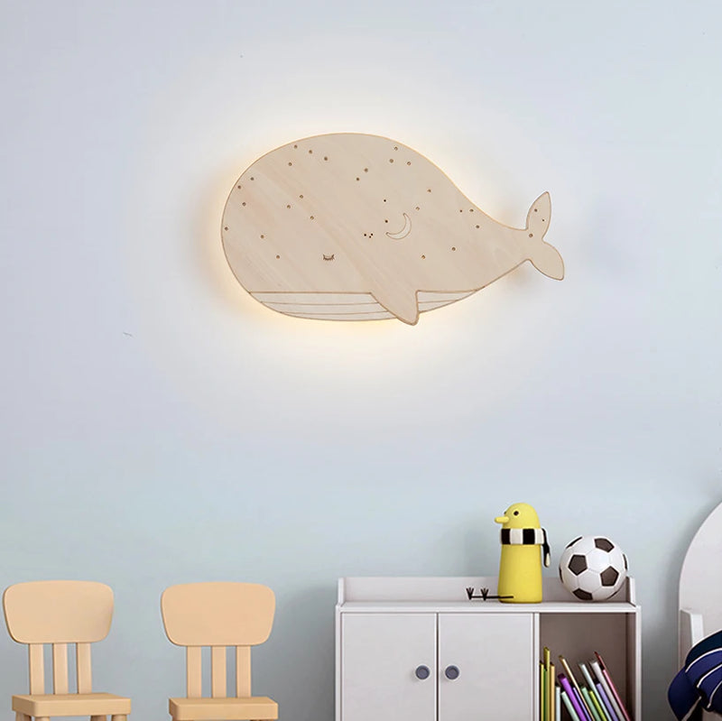 Applique murale led en bois en forme de baleine pour enfants