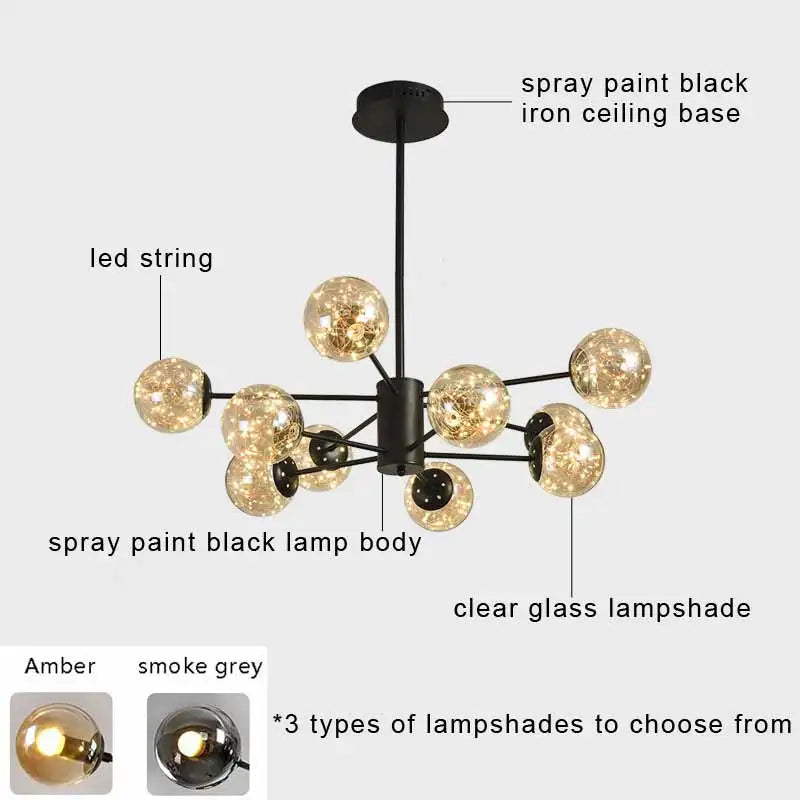 lustre moderne en forme d'étoile avec abat-jour en verre décoratif