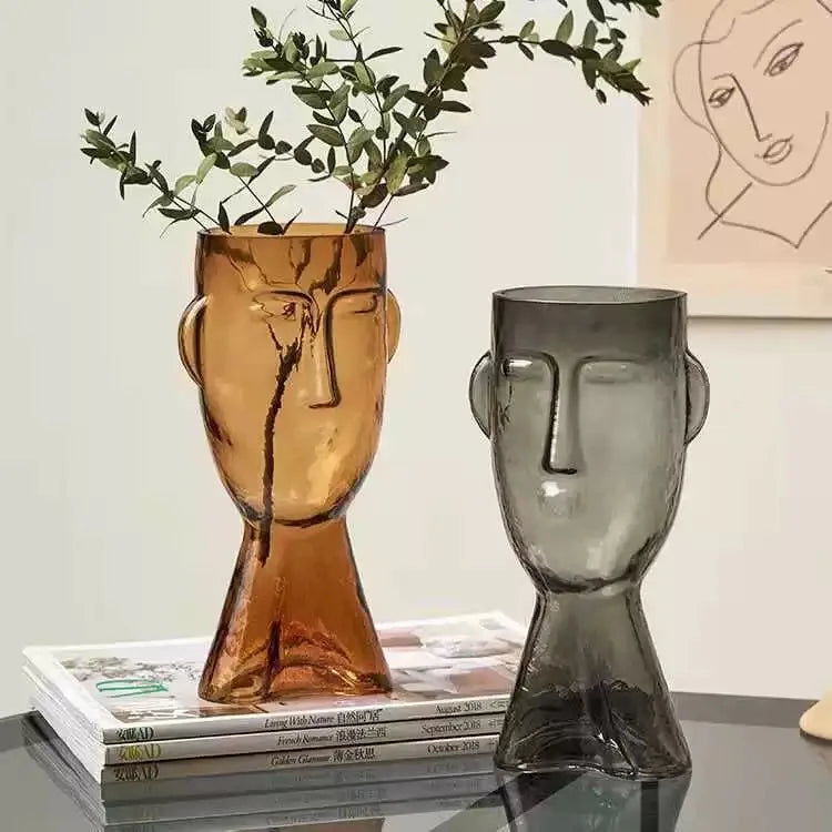 vase en verre visage humain abstrait pour fleurs décoratives modernes