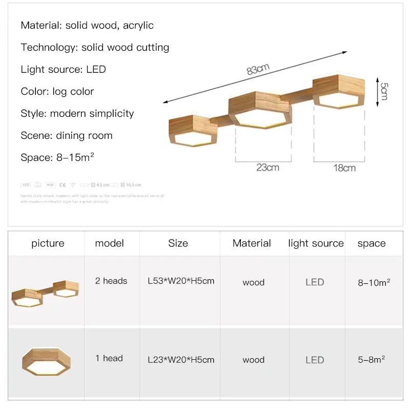 plafonnier en bois design moderne hexagonal avec éclairage LED