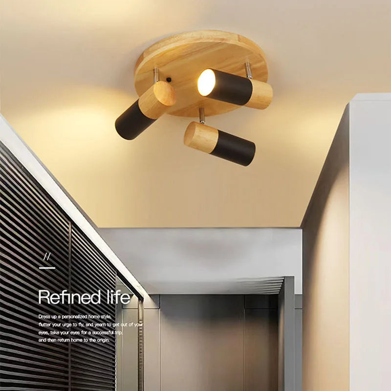 plafonnier led rotatif en bois design nordique multi-têtes décoratif d'intérieur