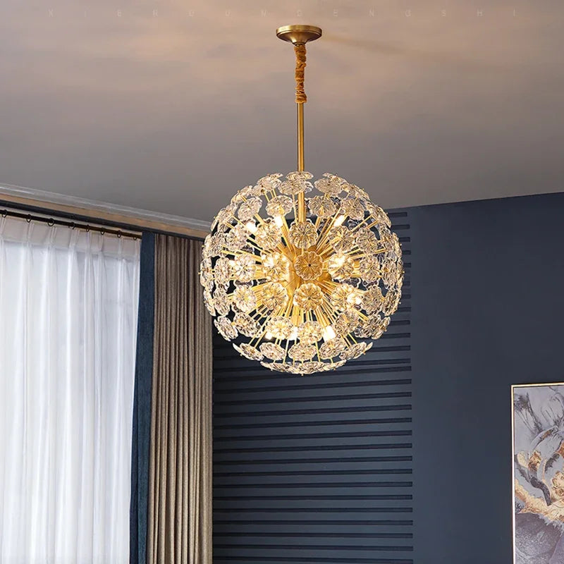 lustre en cristal pissenlit rond en cuivre pour décoration artistique