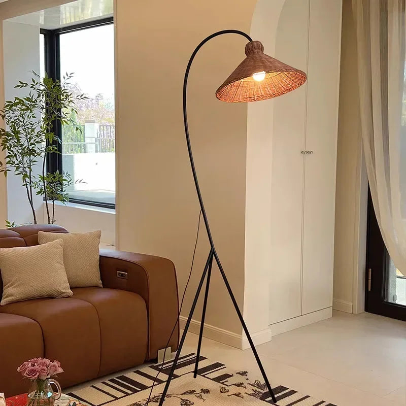 Nordic Tripod Floor Lamp with Rattan Shade Standing Light for Living Room Bedroom