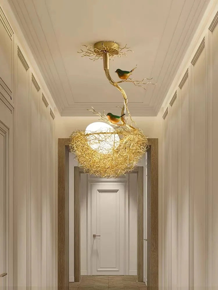 lustre led moderne en forme de nid d'oiseau avec boule de verre