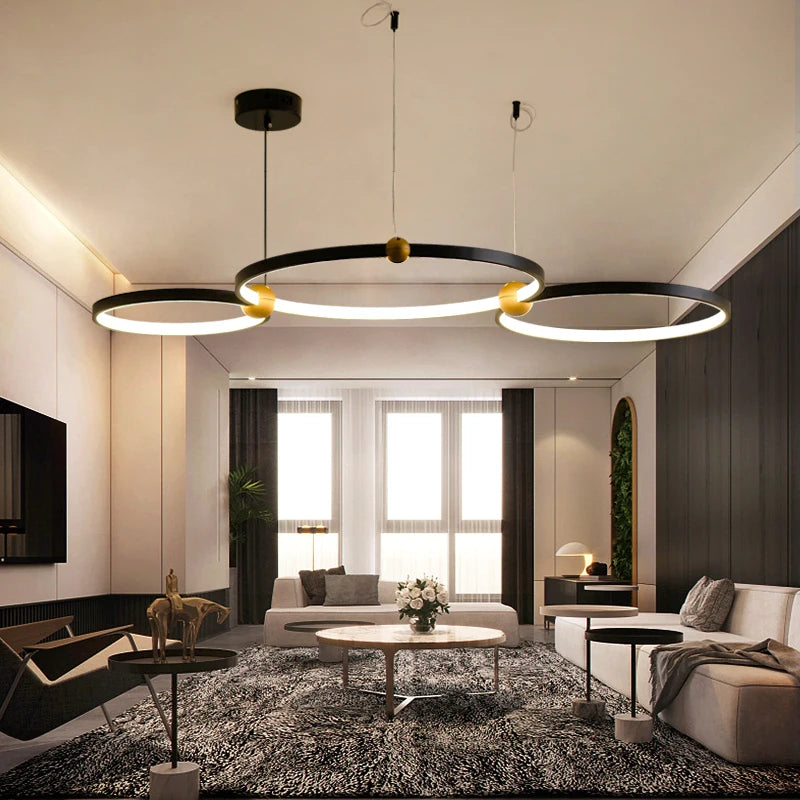 lustre sandyha multi-anneau en fer noir led design luxe