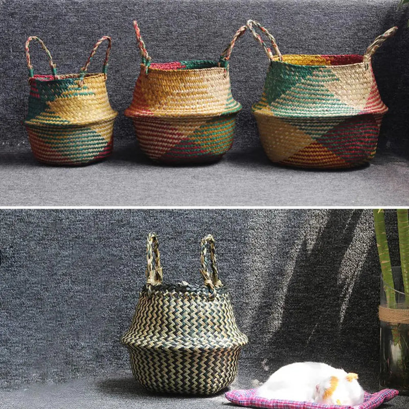 panier de rangement en paille avec poignée pliable pour jardinage