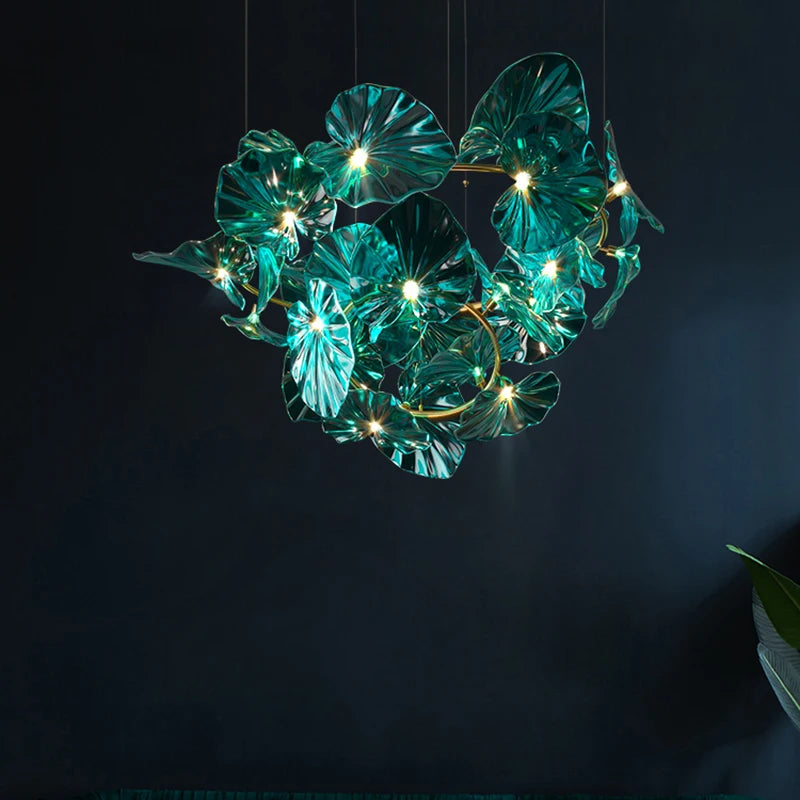 lustre artistique avec feuilles de verre suspendu led pour hôtel