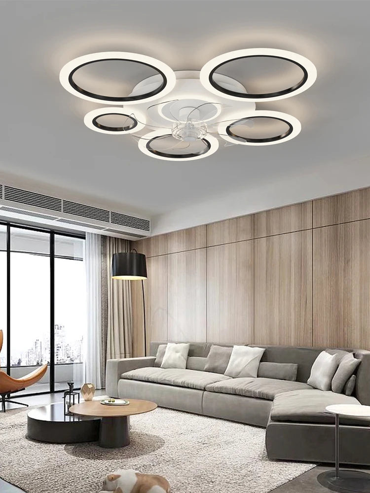 Modern white minimum circular fan light, simple living room ceiling fan light, intelligent control ceiling fan light