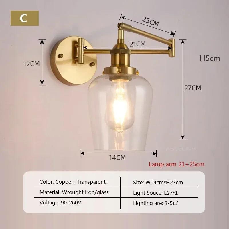 applique murale vintage réglable en verre à bras long