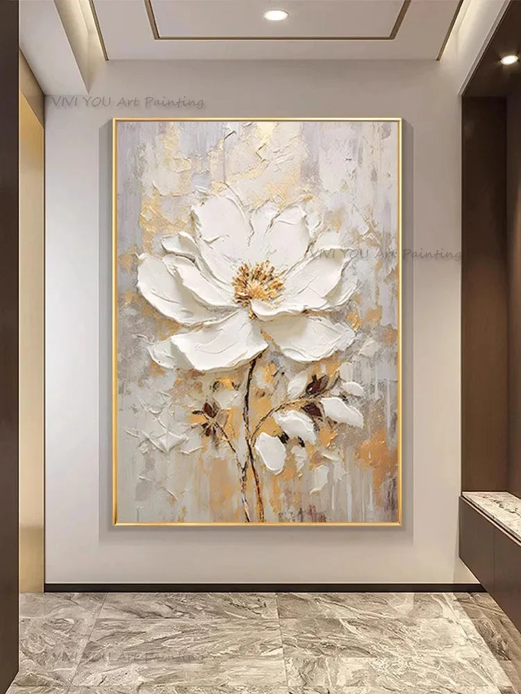 Tableau peinture à l'huile épaisse fleurs blanches abstraites décoration murale luxe