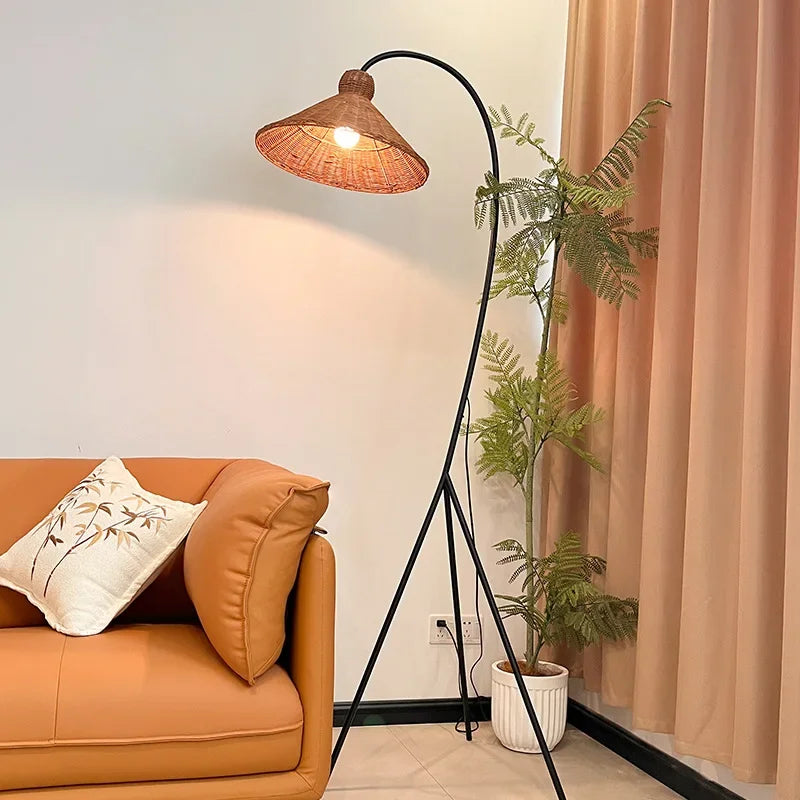 Nordic Tripod Floor Lamp with Rattan Shade Standing Light for Living Room Bedroom