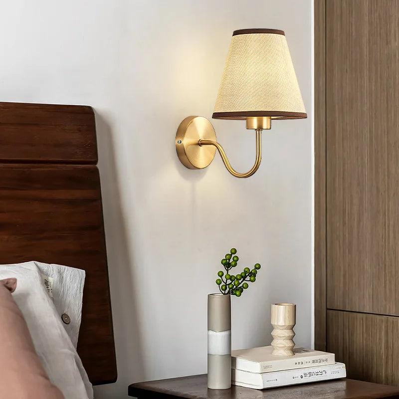 5/12W American Fabric Wall Lamp Modern Gold LED E27 Bulb Cloth Lampshade Wall Light for Hotel Bedroom Bedside Decoration Sconces