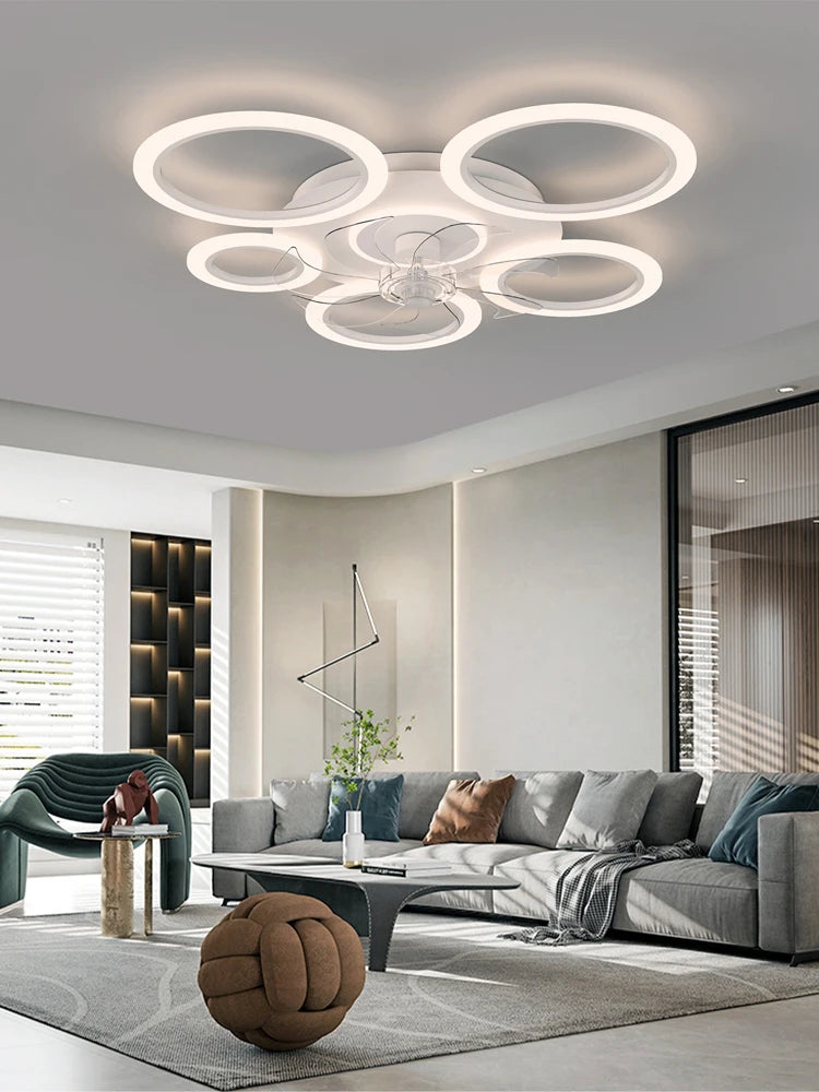 Modern white minimum circular fan light, simple living room ceiling fan light, intelligent control ceiling fan light