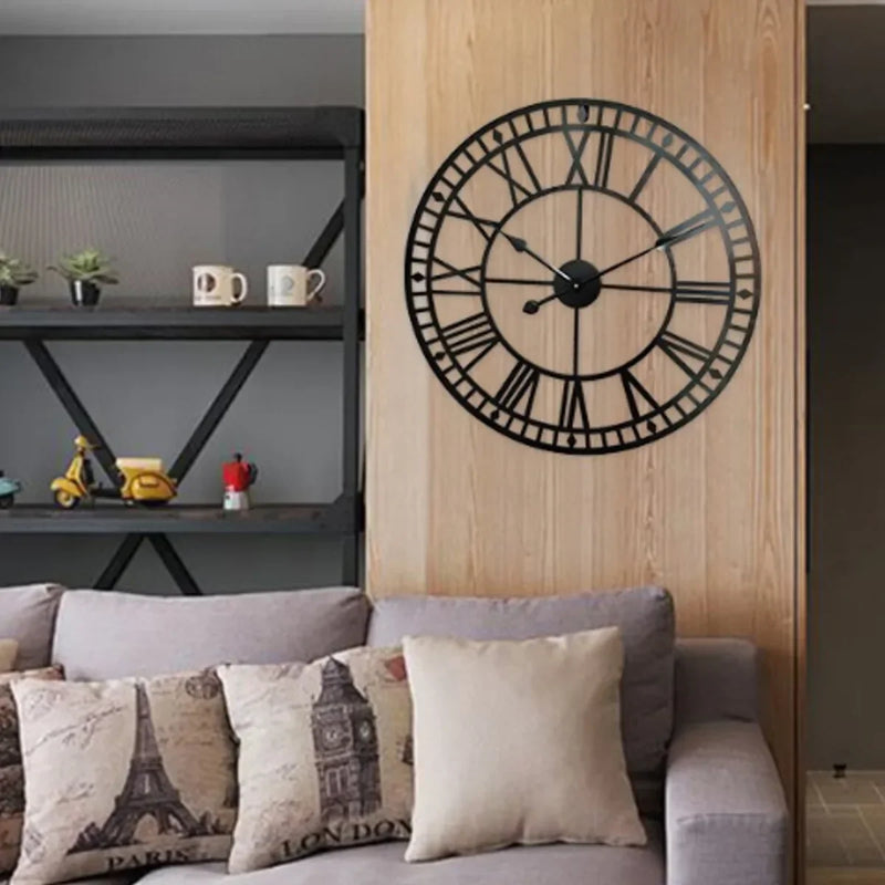 horloge murale rétro en fer noir moderne chiffres romains décorative