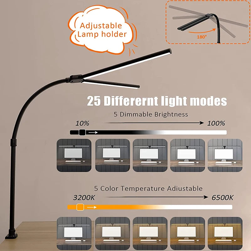 LAOPAO Lampe de bureau LED à double tête Lampes de bureau d'architecte EU/US Bureau 24W 5 modes de couleur les plus lumineux et 5 lampes de protection des yeux à intensité variable