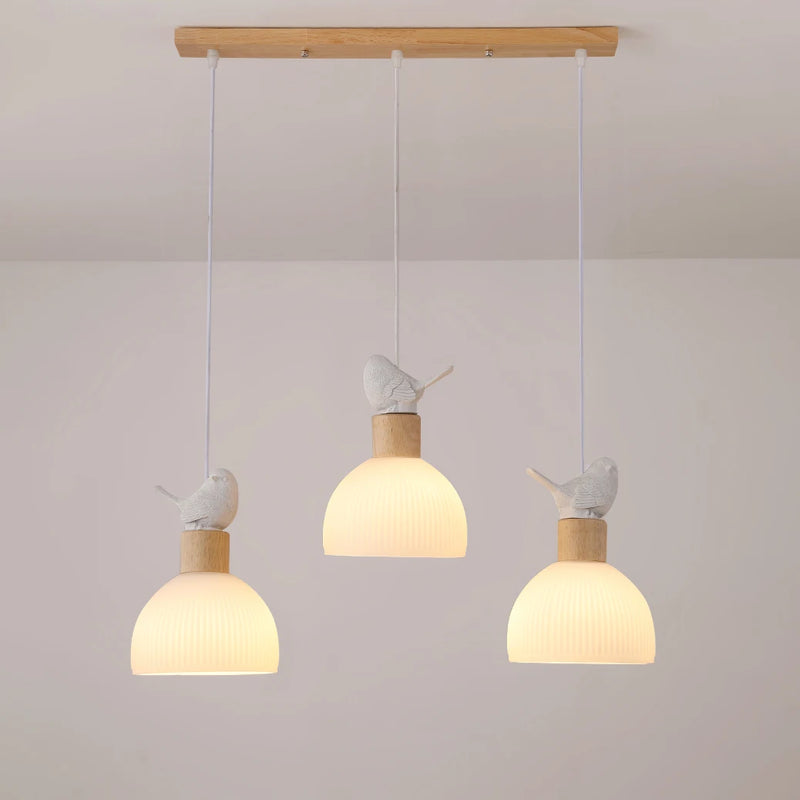 lustre led suspendu en bois avec abat-jour en verre blanc