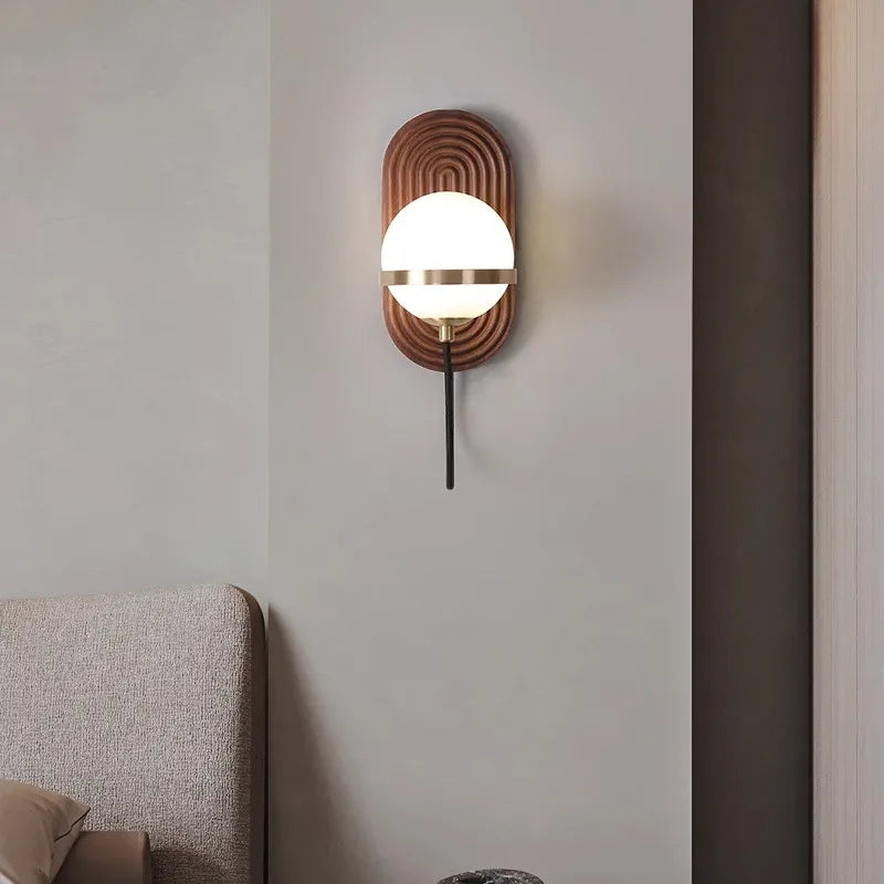 Walnut Wood Circular Sphere, Wabi-sabi minimalist Modern style, Wall Sconce light for Bedroom, Bedside, Living, Dining Room