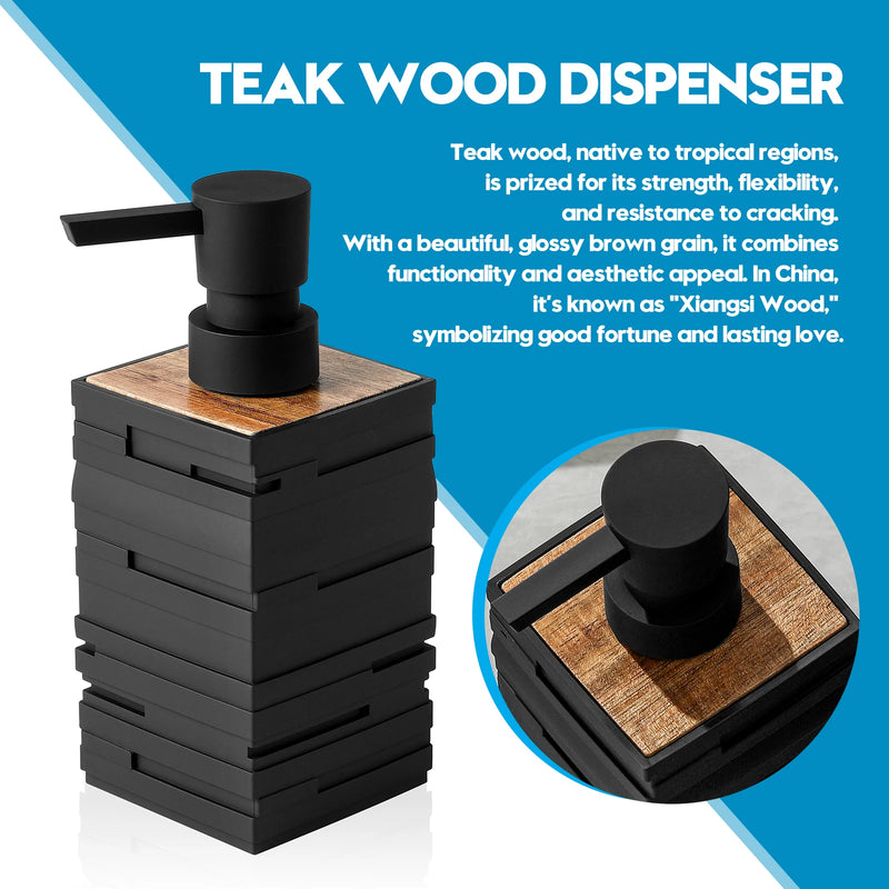 distributeur de savon noir mat avec décor en bois de teck grande capacité