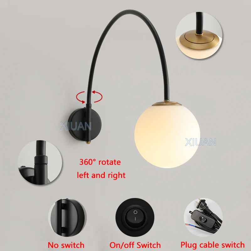 Minimalist Long Pole Fishing Wall Lamp Rotate Swing Arm White Glass Ball Wall Light for Living Room Bedroom Dining Table Indoor