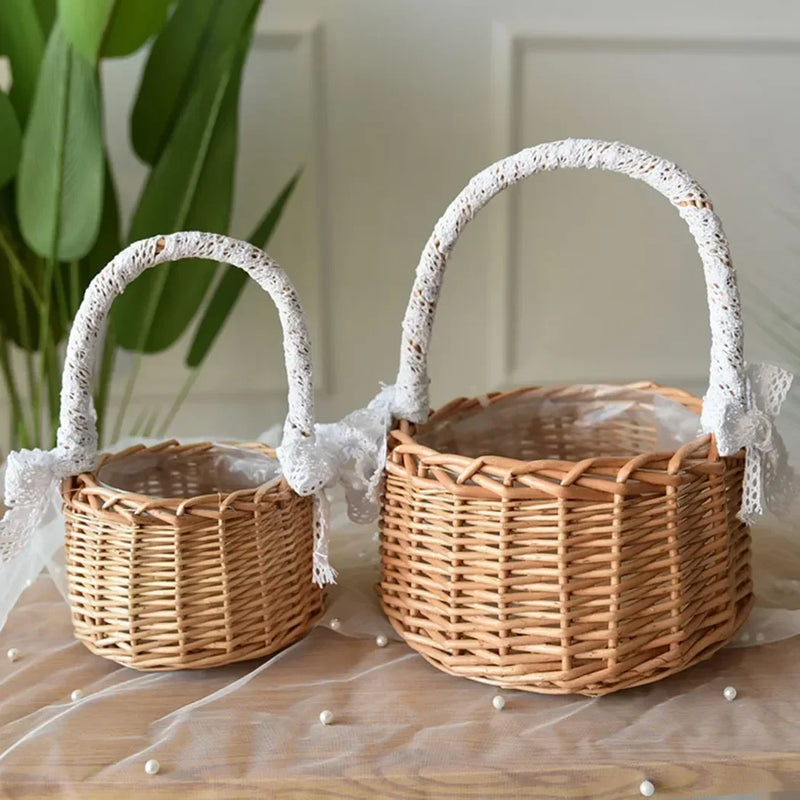 panier en rotin naturel tissé à la main pour mariage décoratif avec dentelle