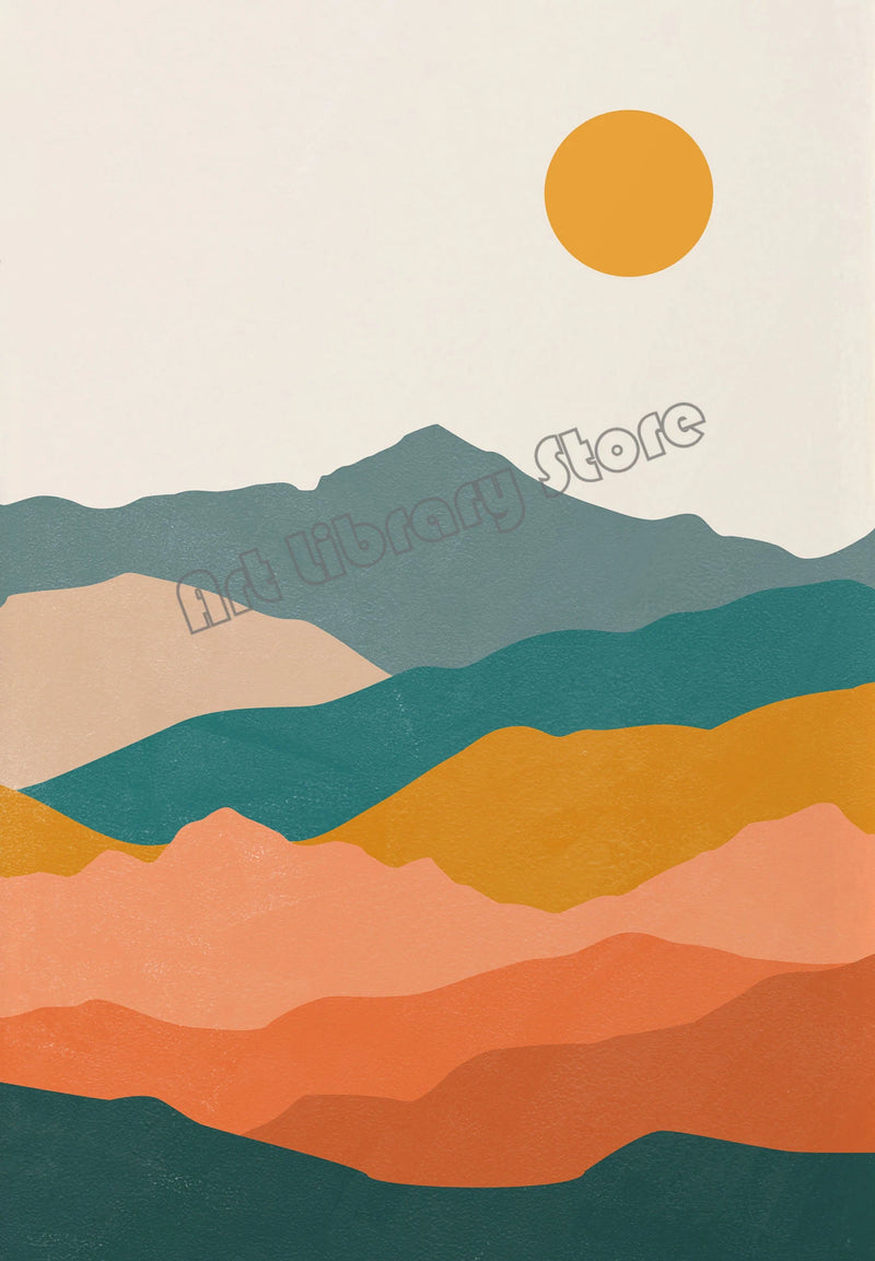 Tableau affiche art boho peinture abstraite paysage soleil décoration intérieure