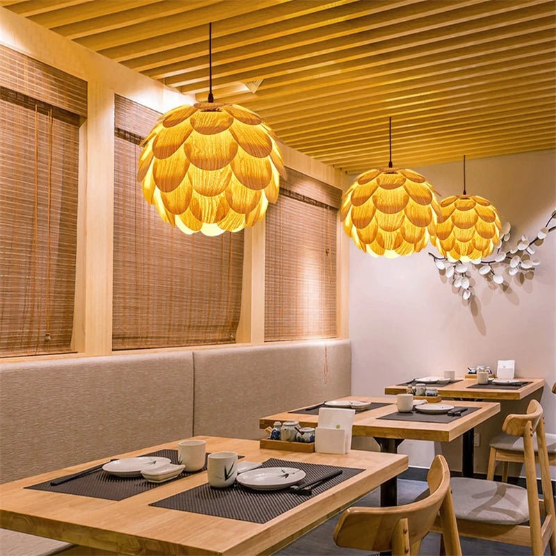 lustre créatif en bambou forme fruits de pin éclairage nordique led