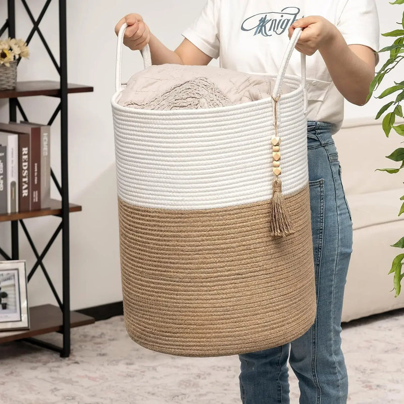 grand panier de rangement tissé avec poignées en coton pliable