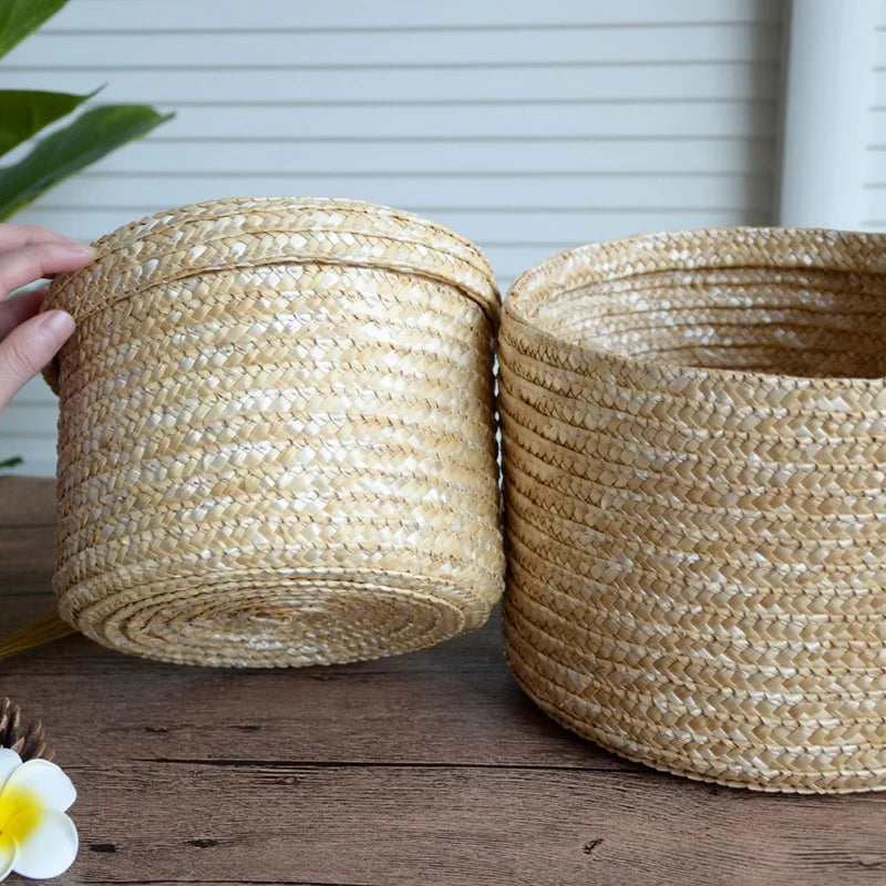 panier de rangement rond en paille tissée avec couvercle polyvalent