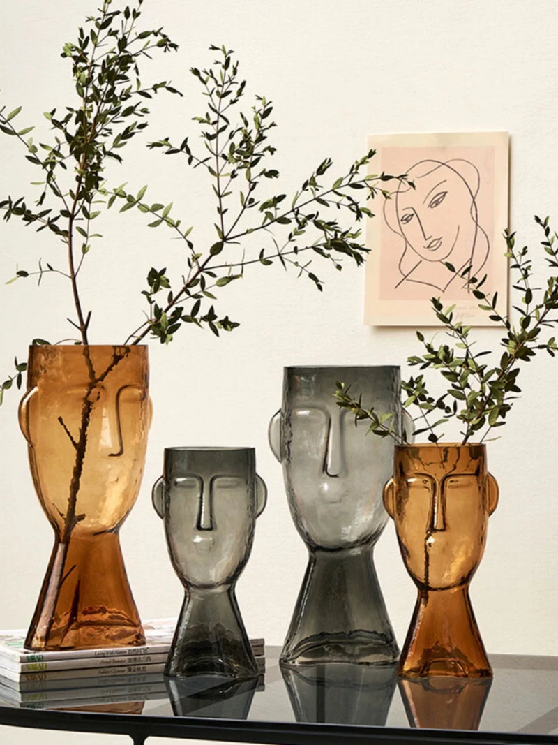 vase en verre visage humain abstrait pour fleurs décoratives modernes