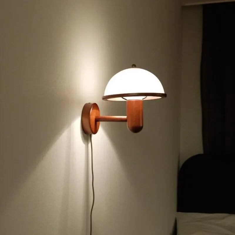 Nordic Retro Mushroom Wall Lamp with EU/US Plug, Wooden Bedroom Bedside Light, Living Room, Corridor LED Decorative Light