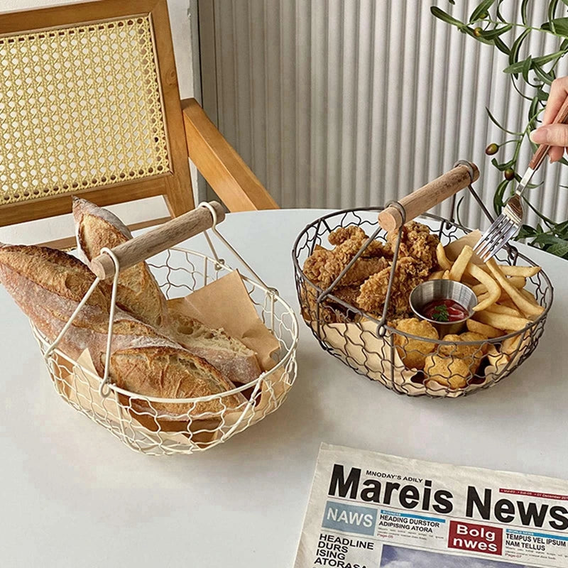 panier en fer pour fruits légumes et pain avec poignée en bois