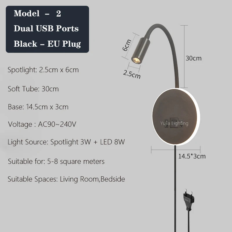 applique murale led moderne avec ports usb et interrupteur