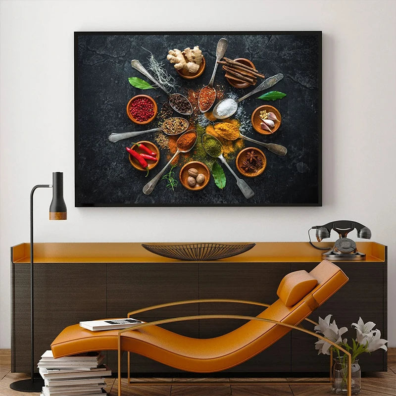 art mural moderne herbes de cuisine et ustensiles de sushi